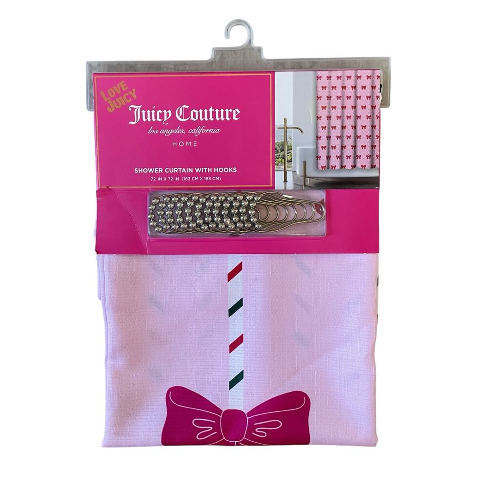 14pc Juicy Couture Pink Bows Christmas Shower Curtain Hooks Liner Set 72x72 NEW